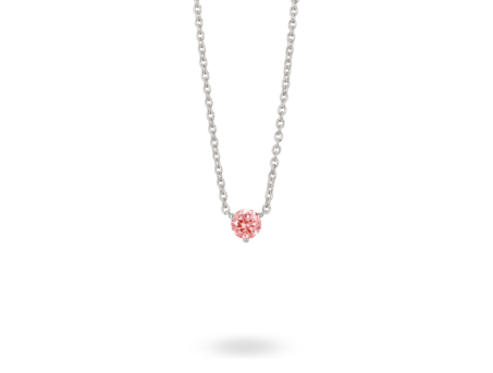 Front view of a pink 0.5 carat round brilliant solitaire pendant in 14k white gold