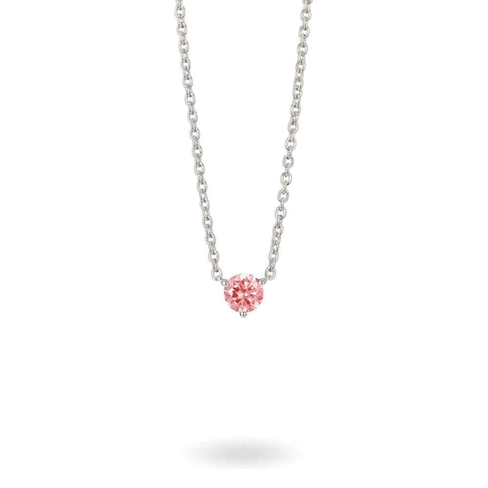 Front view of a pink 0.5 carat round brilliant solitaire pendant in 14k white gold