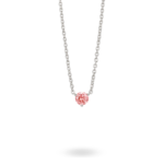 Front view of a pink 0.5 carat round brilliant solitaire pendant in 14k white gold