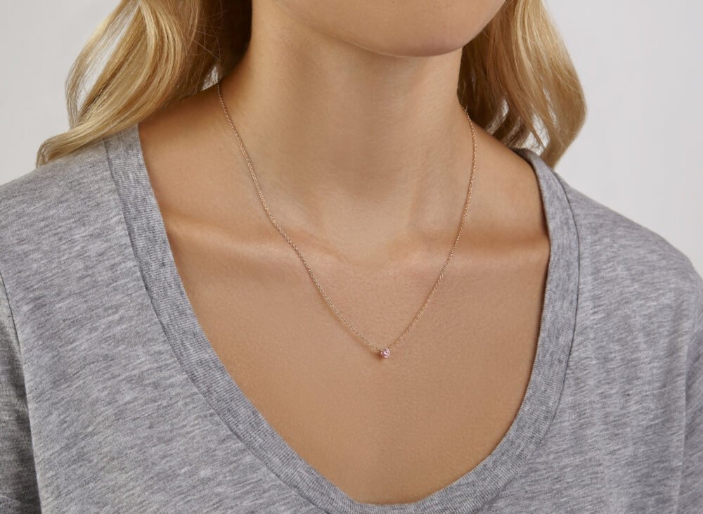 Lab-Grown Diamond ¼ct. Mini Round Brilliant Solitaire 14k Gold Pendant | Pink - Image 2
