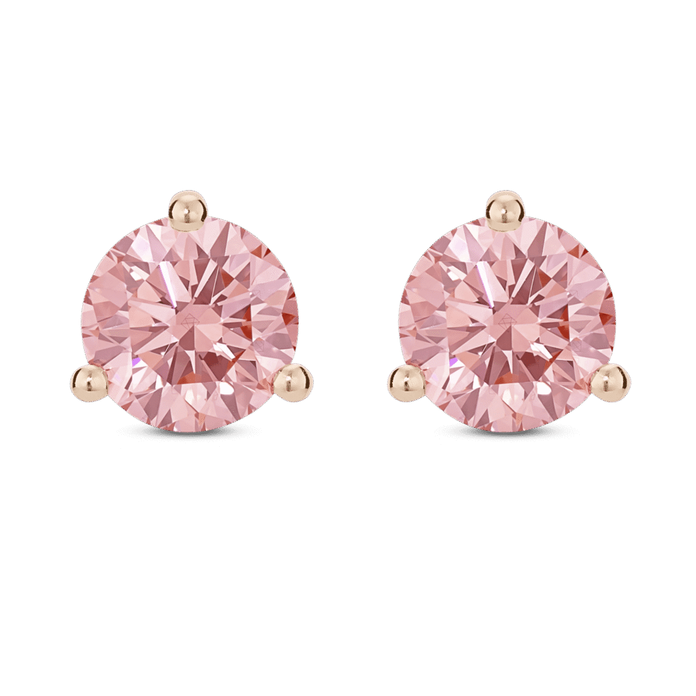 Front view of pink lab grown diamond 2 carat total weight round brilliant studs in 14k rose gold