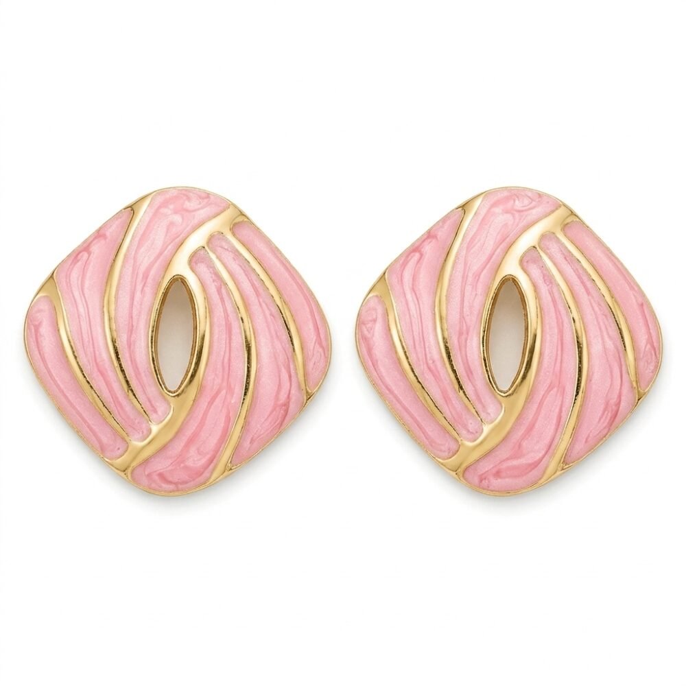 Kaeloria Cushion Stripped Enamel Golden Brass Stud Earrings | 18K Gold Plated |Anti-Tarnish (PINK COLOR)