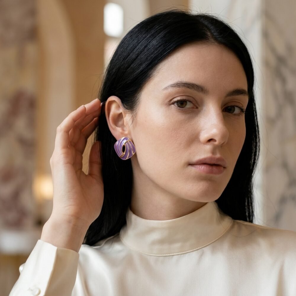 Kaeloria Cushion Stripped Enamel Golden Brass Stud Earrings | 18K Gold Plated |Anti-Tarnish (PURPLE COLOR) - Image 2