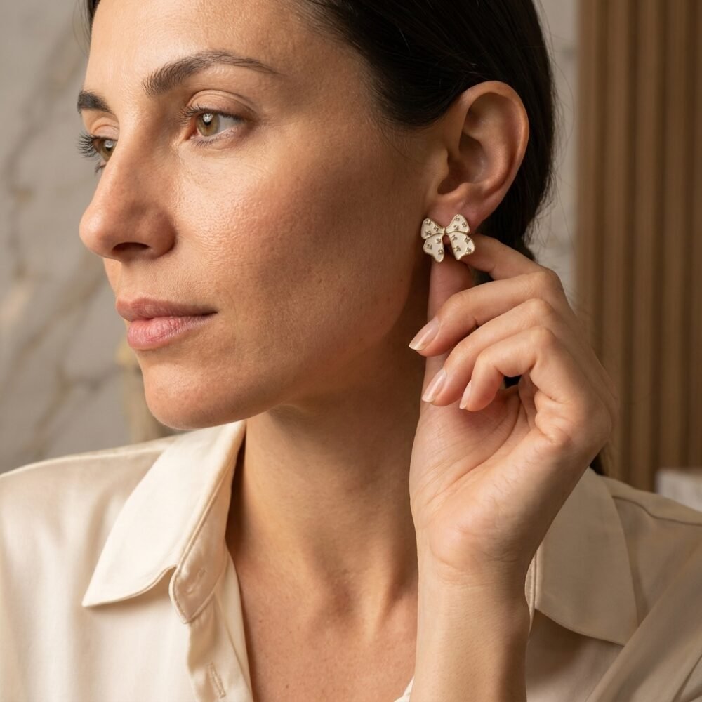 Kaeloria Crystal Bow Stud Earrings | 18K Gold Plated Stainless Steel | Premium CZ | Anti-Tarnish | Elegant Ribbon Earrings for Women - Image 3