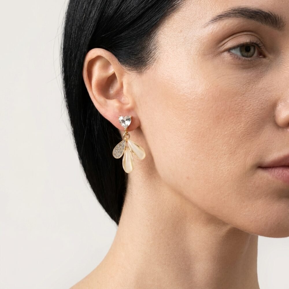 Kaeloria Heart Drop Earrings | 18K Gold Plated Stainless Steel | Premium CZ & Mother of Pearl | Anti-Tarnish | Elegant Statement Earrings - Image 3