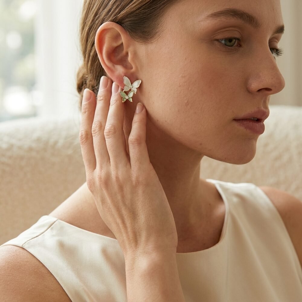 Kaeloria Dual Butterfly Stud Earrings | 18K Gold Plated Stainless Steel | Crystal & Enamel Butterfly Earrings | Anti-Tarnish | Elegant Fashion Jewelry - Image 3