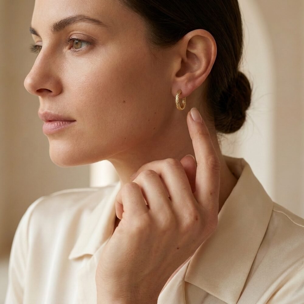 Kaeloria Textured Open Hoop Earrings | 18K Gold Plated Stainless Steel | Anti-Tarnish Minimal C-Hoop Earrings for Women - Image 2