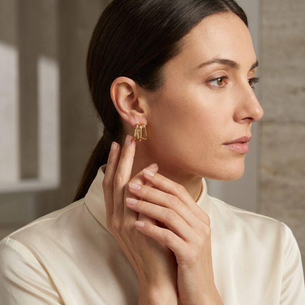 Kaeloria Geometric Triple Square Hoop Earrings | 18K Gold Plated Stainless Steel | Anti-Tarnish Statement Earrings for Women - Image 3