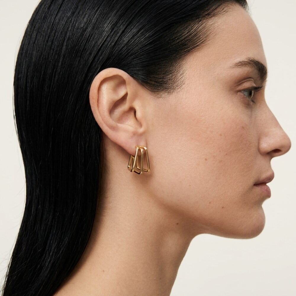 Kaeloria Geometric Triple Square Hoop Earrings | 18K Gold Plated Stainless Steel | Anti-Tarnish Statement Earrings for Women - Image 2