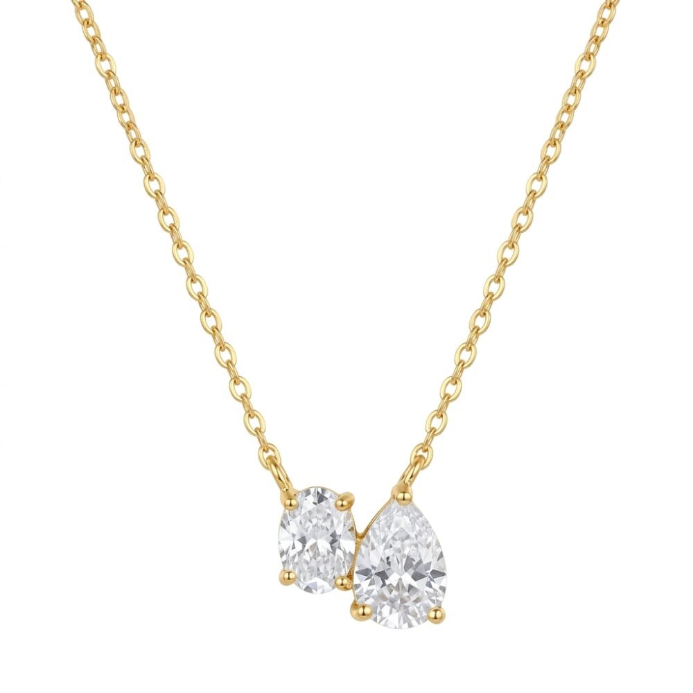 Kaeloria Pear & Oval Cut Duo Crystal Pendant Necklace | 18K Gold Plated | Anti-Tarnish Minimal Necklace for Women
