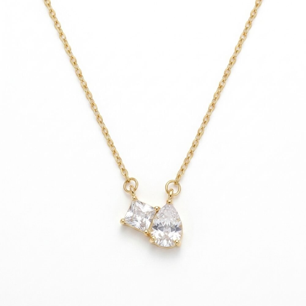 Kaeloria Dual Cut CZ Pendant Necklace | Pear & Princess Cut | 18K Gold Plated | Anti-Tarnish Minimal Necklace for Women