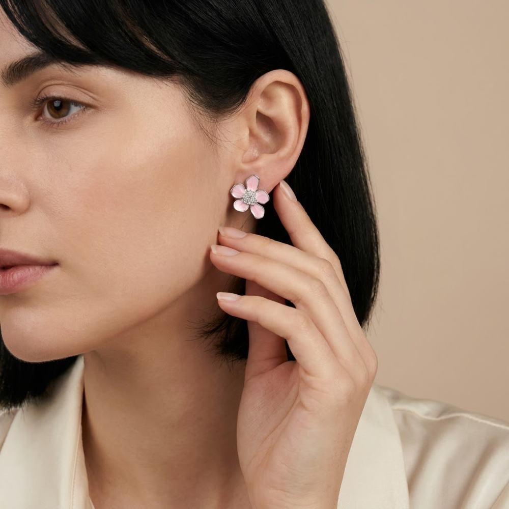Kaeloria 🌸 Pink Enamel Flower Crystal Stud Earrings