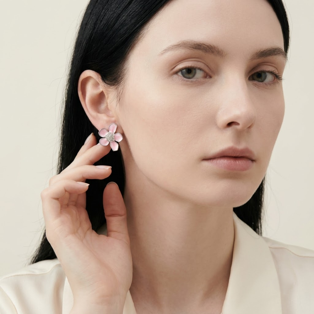 Kaeloria 🌸 Pink Enamel Flower Crystal Stud Earrings - Image 2