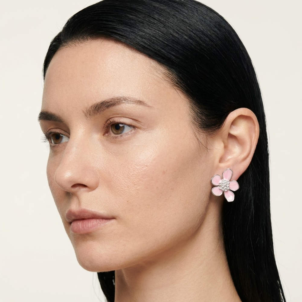 Kaeloria 🌸 Pink Enamel Flower Crystal Stud Earrings - Image 3