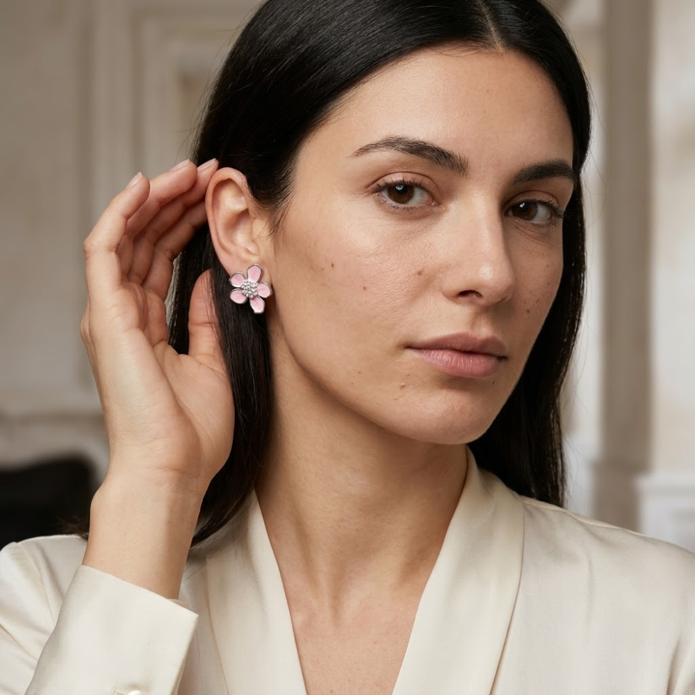 Kaeloria 🌸 Pink Enamel Flower Crystal Stud Earrings - Image 5