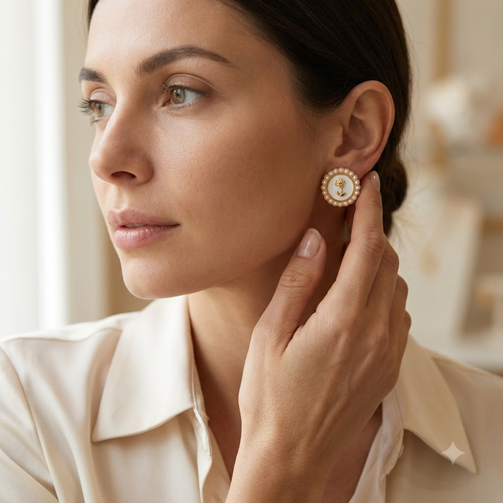 Kaeloria Pearl Rose Round Stud Earrings - Image 4