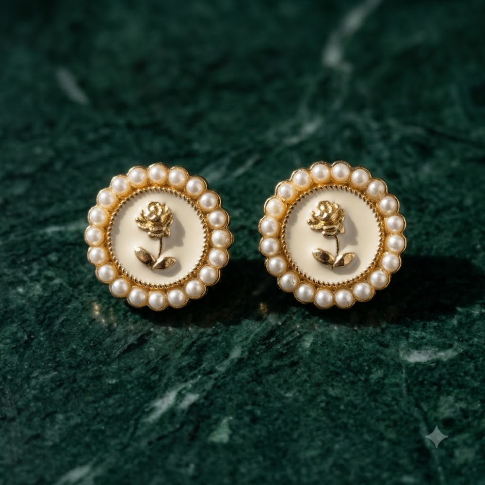 Kaeloria Pearl Rose Round Stud Earrings - Image 2