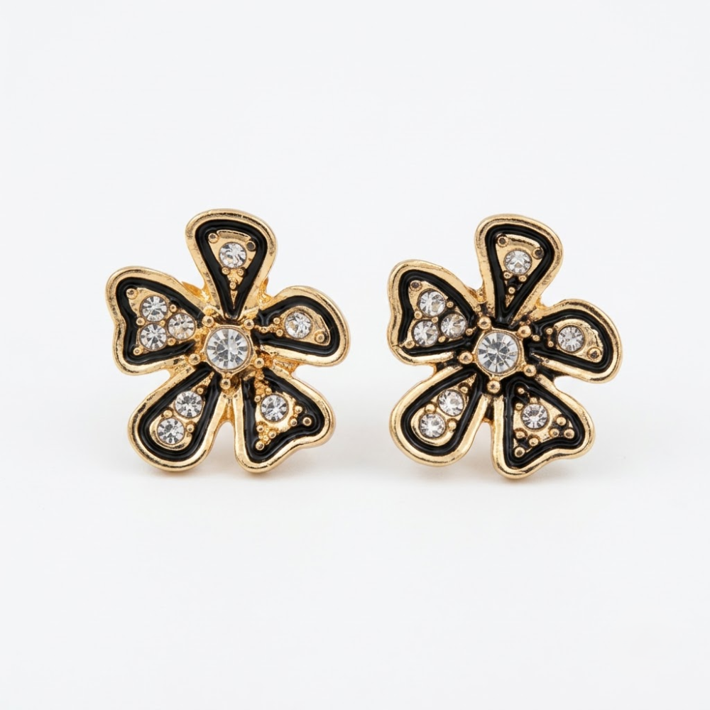 Kaeloria Black Enamel Floral Crystal Stud Earrings - Image 4
