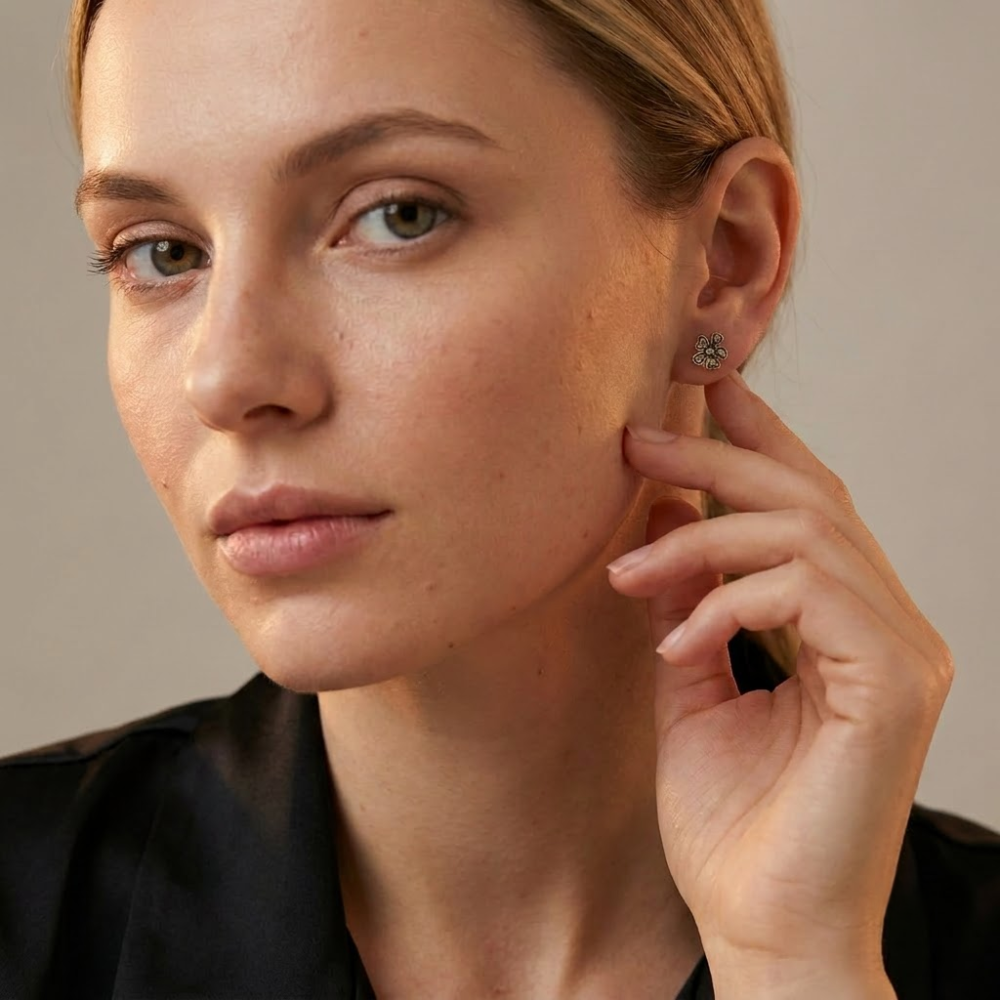 Kaeloria Black Enamel Floral Crystal Stud Earrings - Image 3