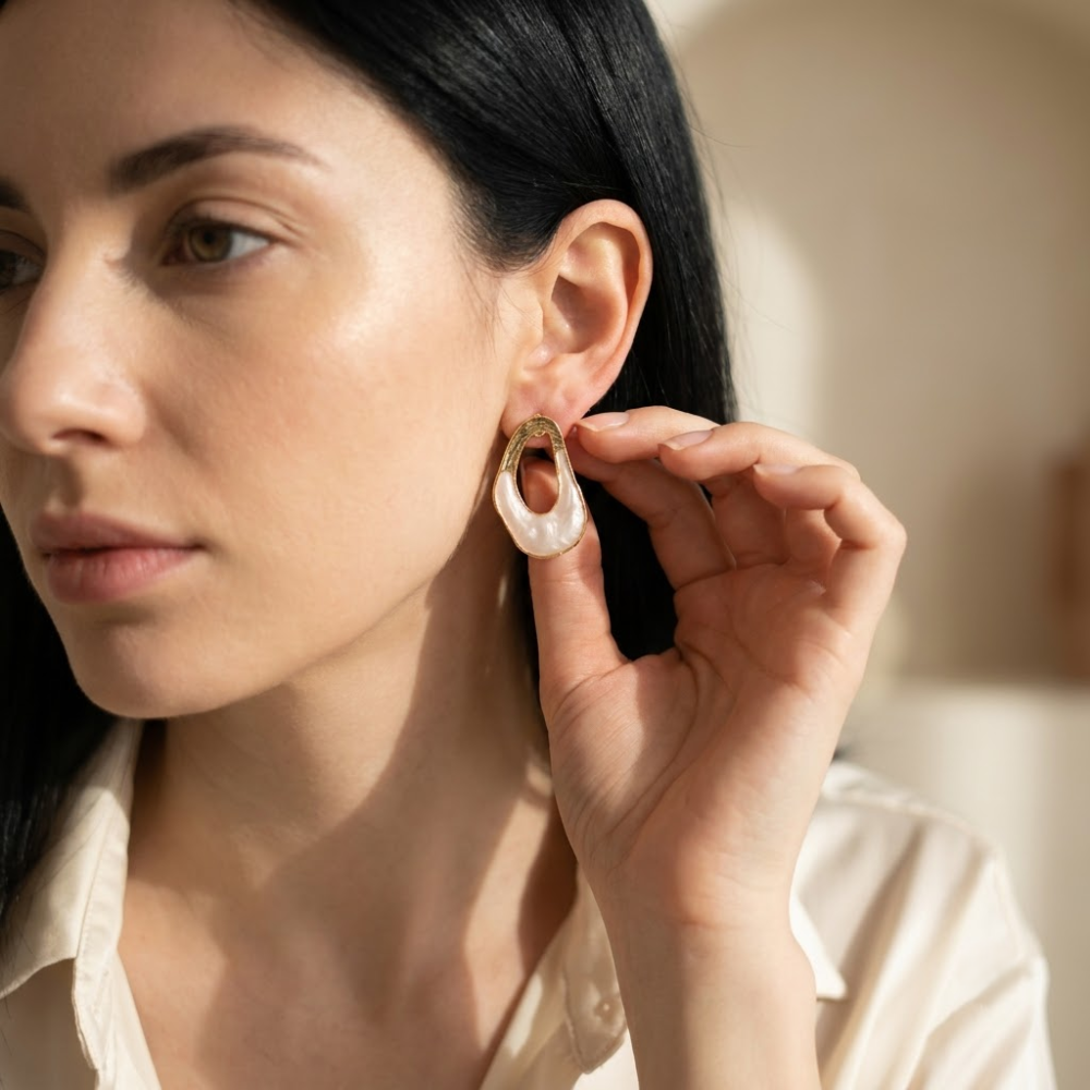 Pearl Drop Geometric Gold-Tone Earrings