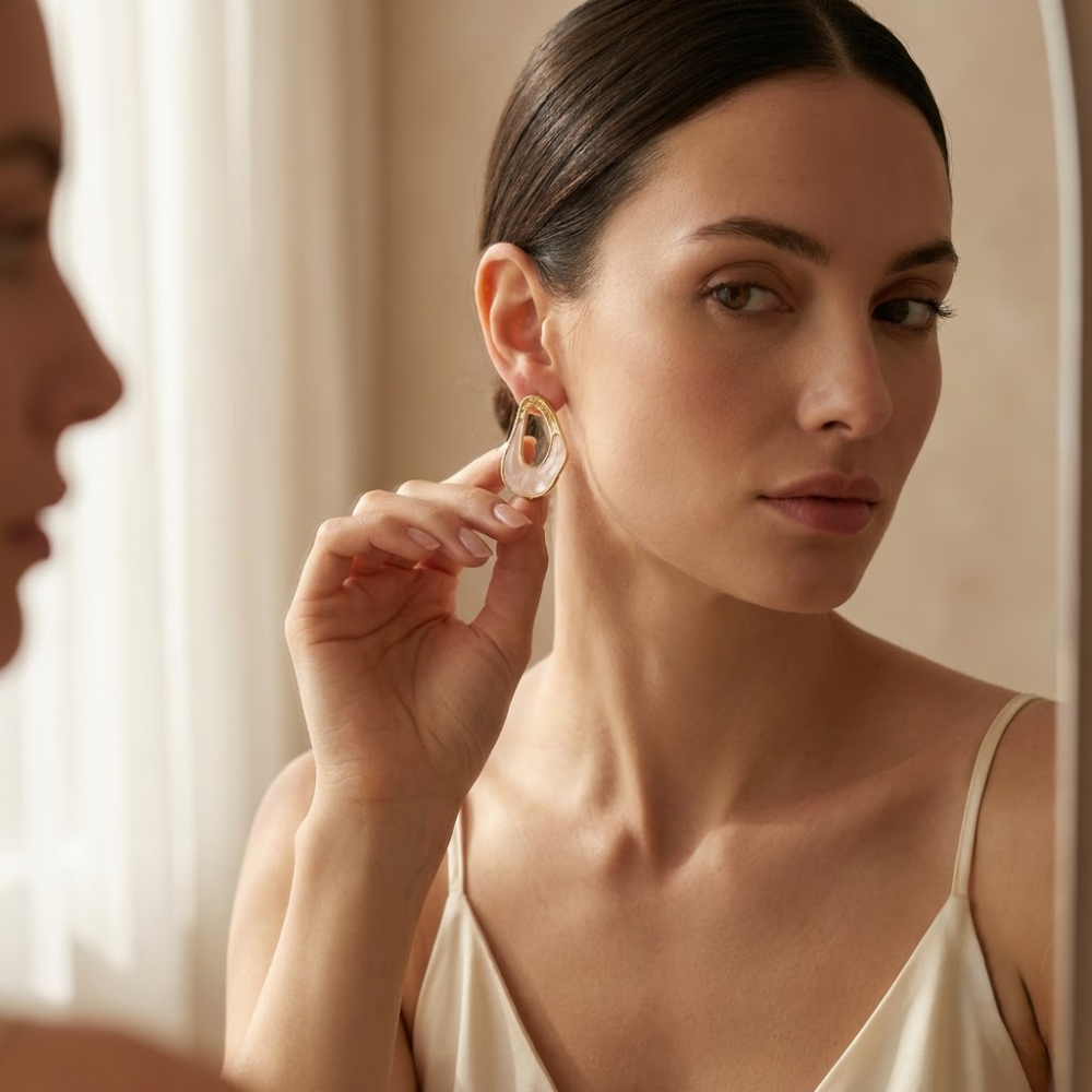 Pearl Drop Geometric Gold-Tone Earrings - Image 3