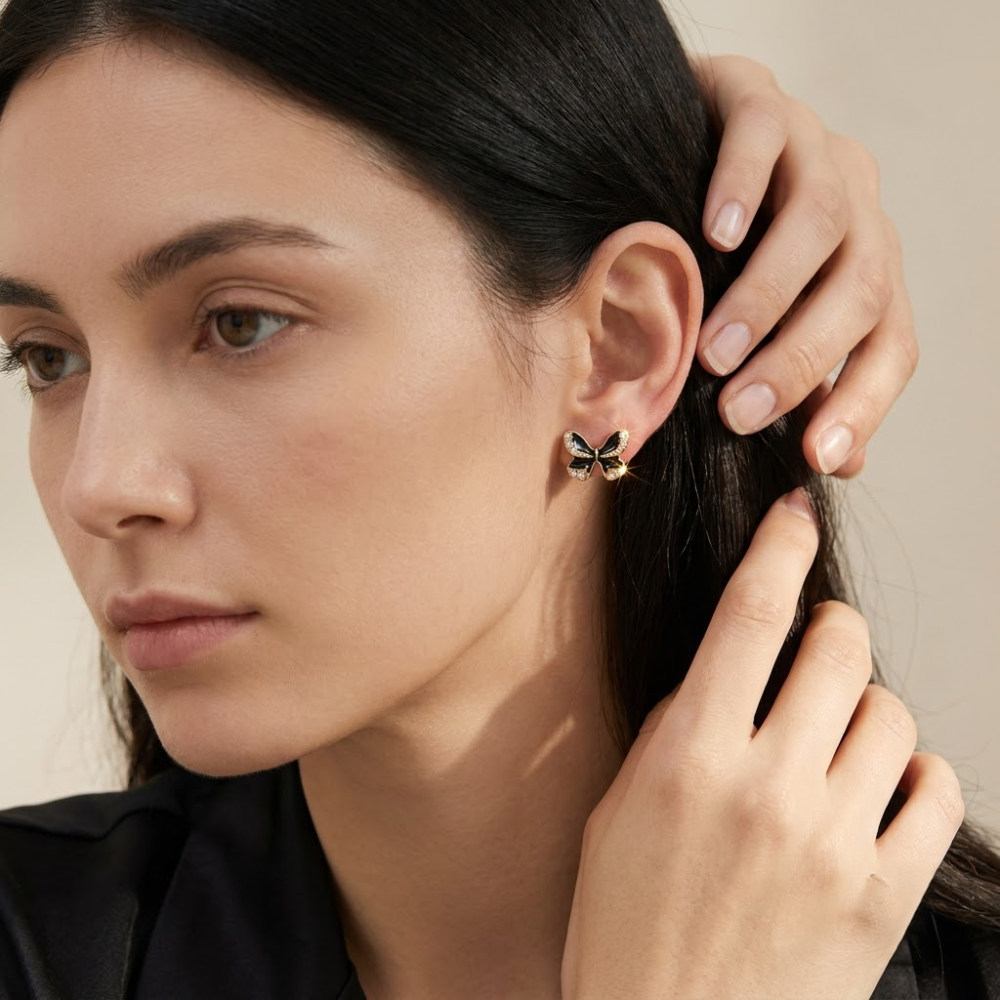 Black Butterfly Crystal Stud Earrings - Image 4