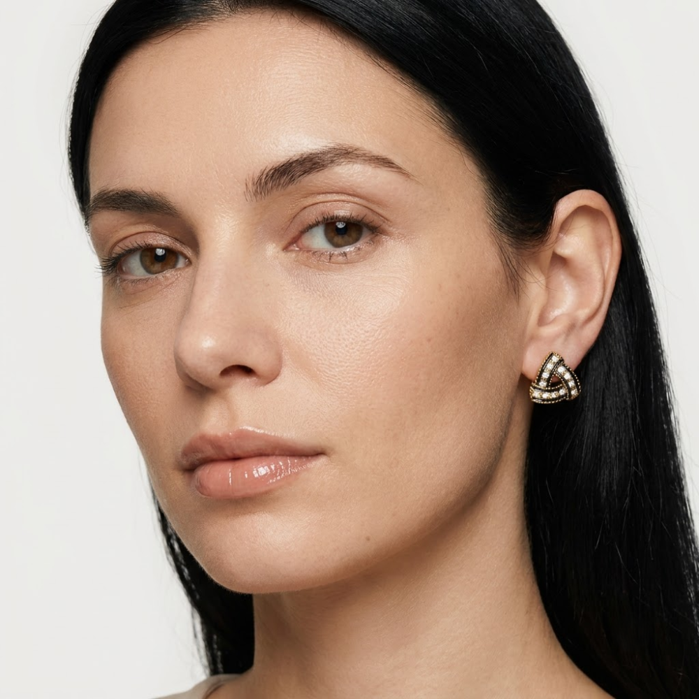 Kaeloria 18K Gold-Plated Black Enamel Crystal Triangle Stud Earrings - Image 5