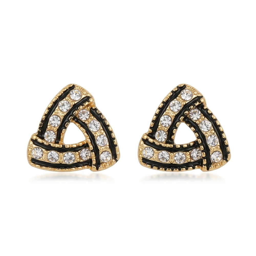 Kaeloria 18K Gold-Plated Black Enamel Crystal Triangle Stud Earrings - Image 2