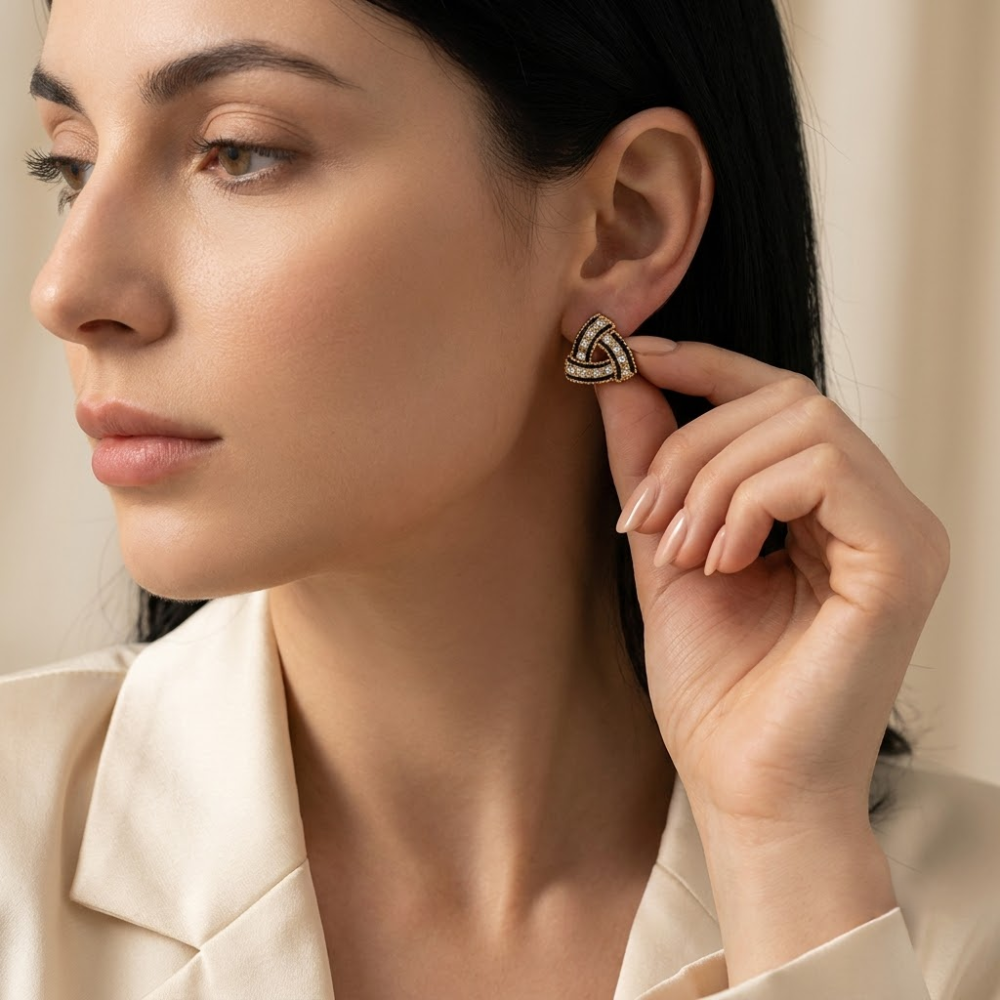 Kaeloria 18K Gold-Plated Black Enamel Crystal Triangle Stud Earrings - Image 3