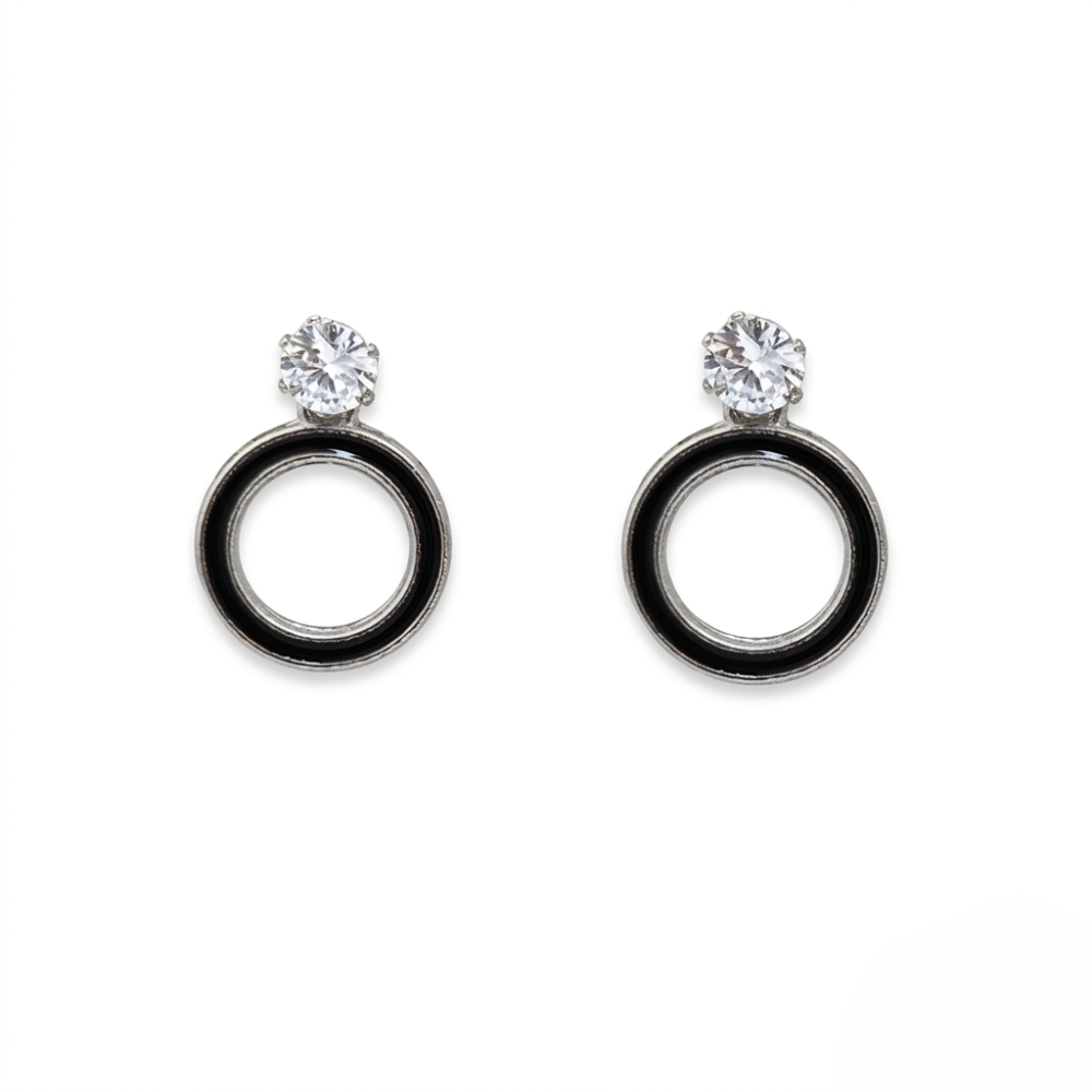Kaeloria 18K Gold-Plated Black Enamel Double Circle Crystal Drop Earrings - Image 2