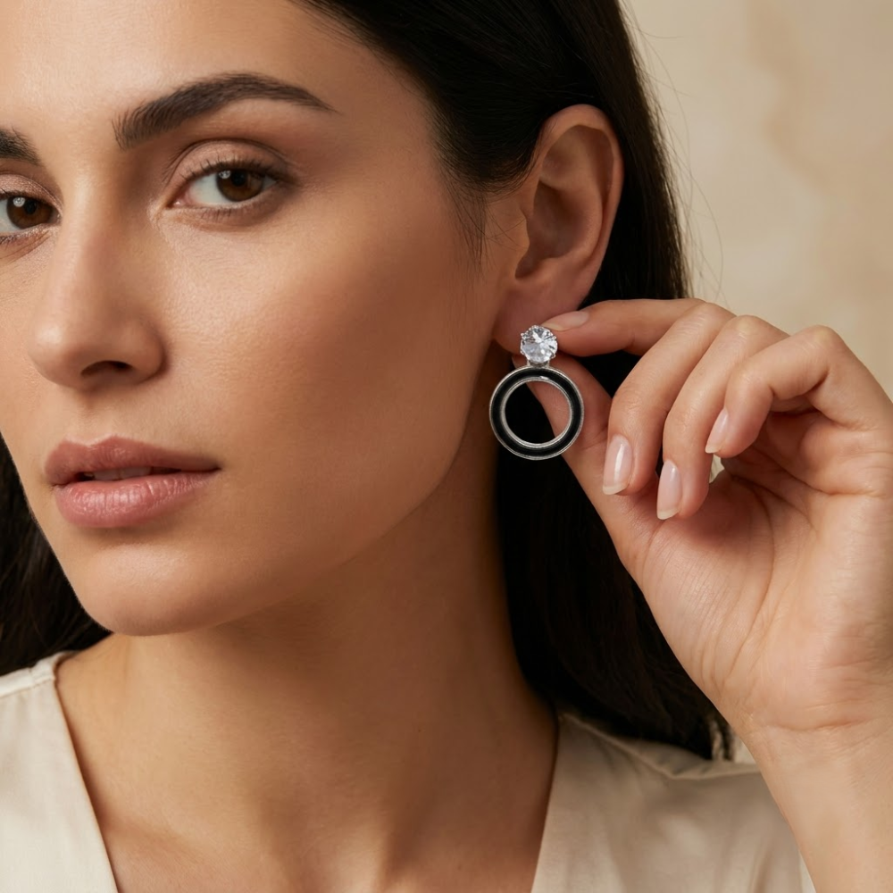 Kaeloria 18K Gold-Plated Black Enamel Double Circle Crystal Drop Earrings - Image 4