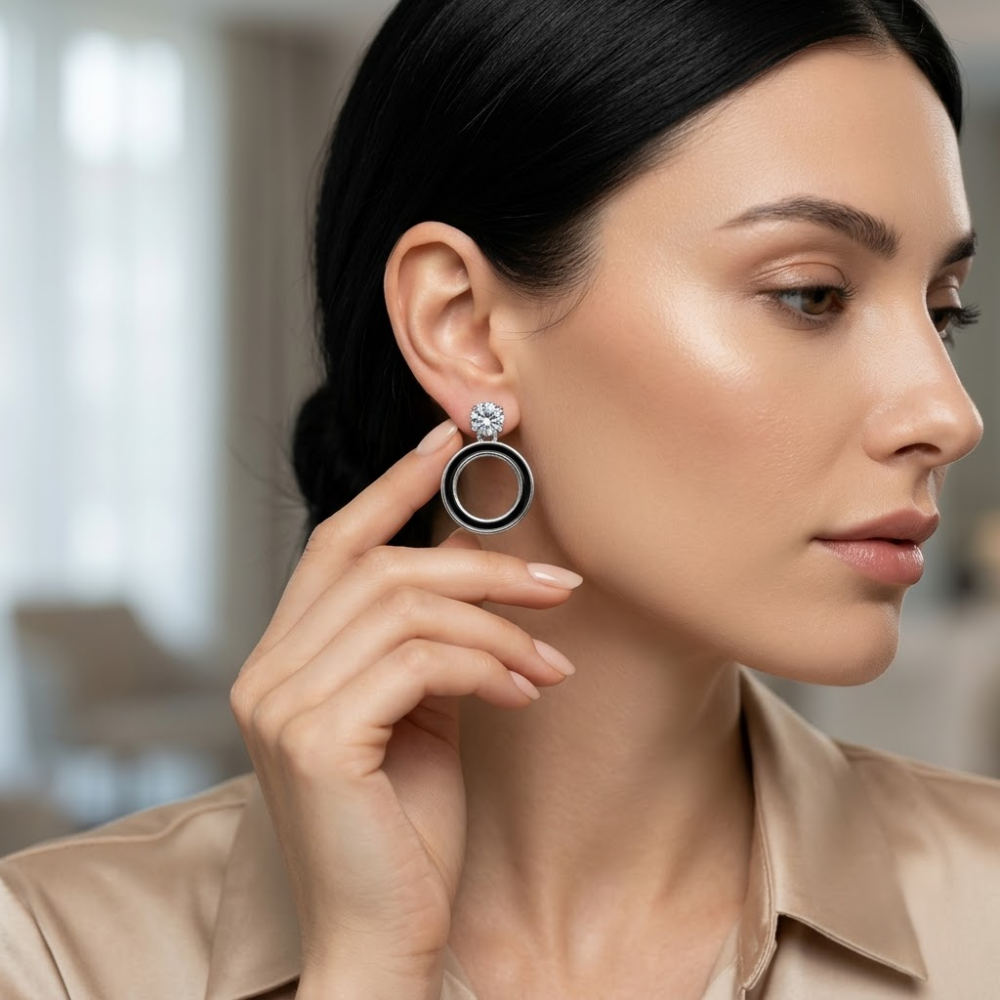 Kaeloria 18K Gold-Plated Black Enamel Double Circle Crystal Drop Earrings - Image 5