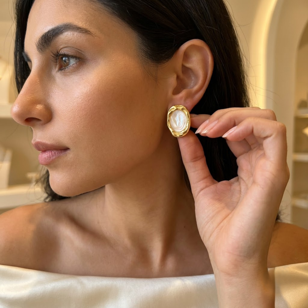 Kaeloria 18K Gold-Plated Pearl Oval Statement Stud Earrings - Image 3