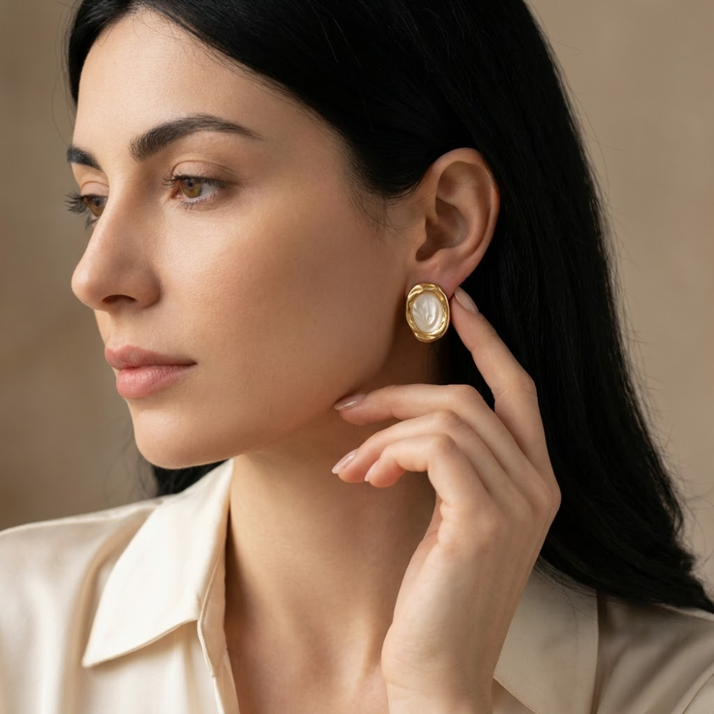 Kaeloria 18K Gold-Plated Pearl Oval Statement Stud Earrings - Image 5