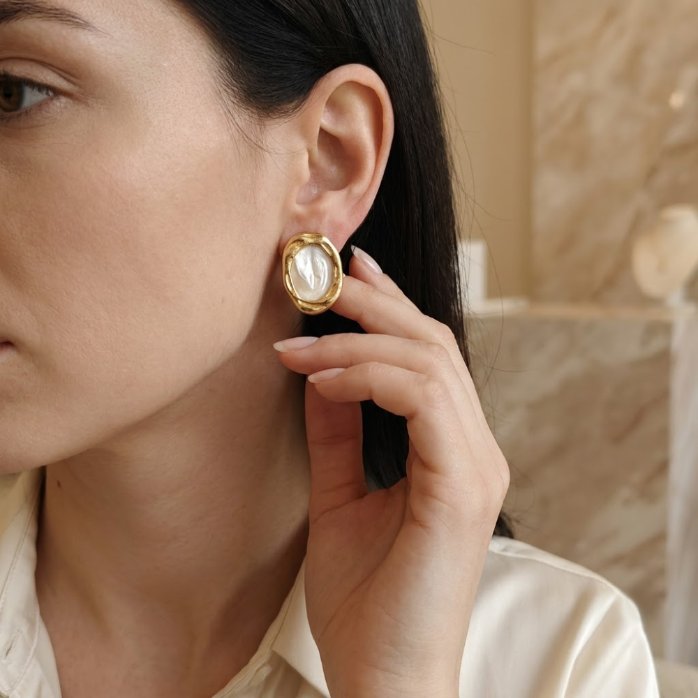 Kaeloria 18K Gold-Plated Pearl Oval Statement Stud Earrings - Image 6