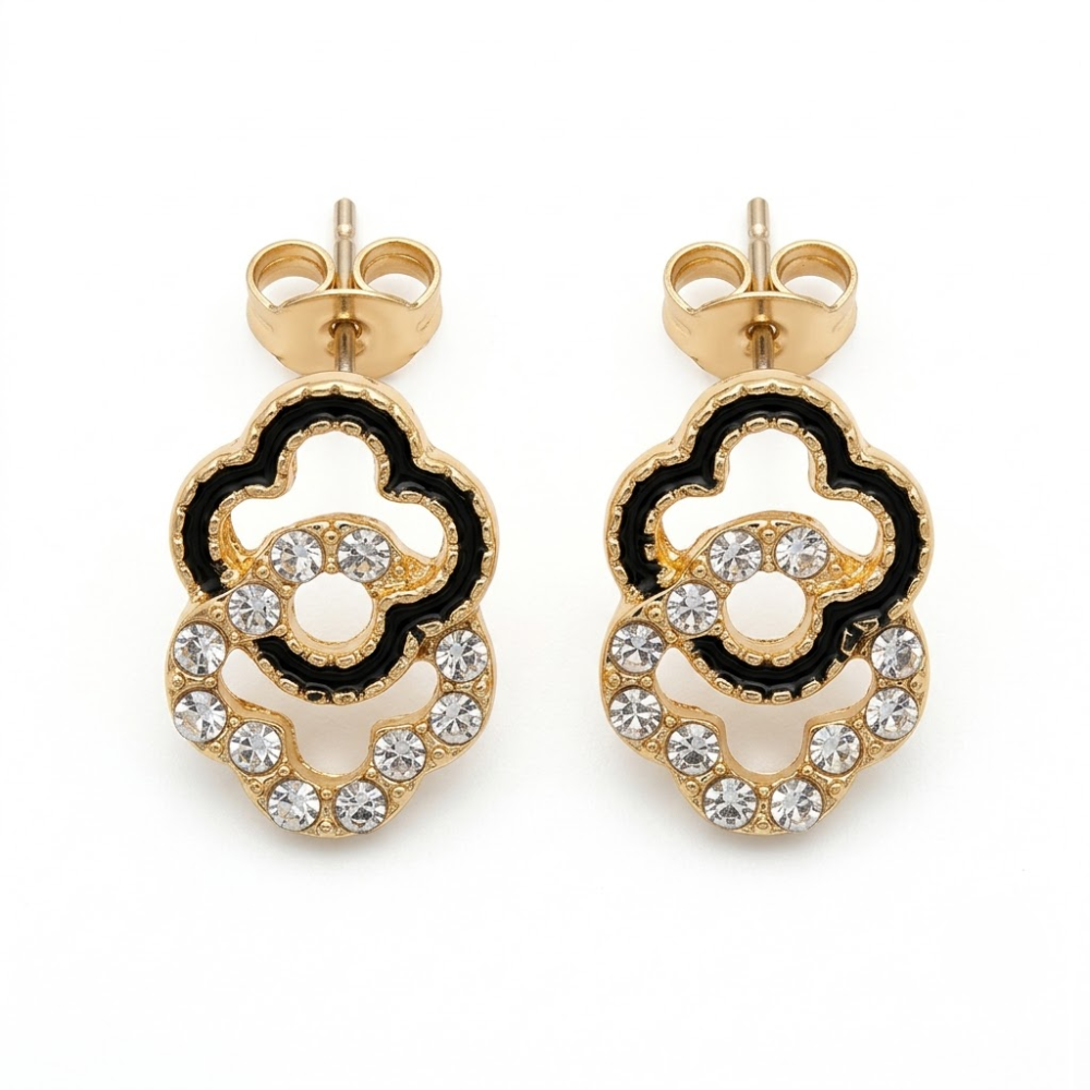 Kaeloria 18K Gold-Plated Black Enamel Crystal Floral Drop Earrings - Image 2