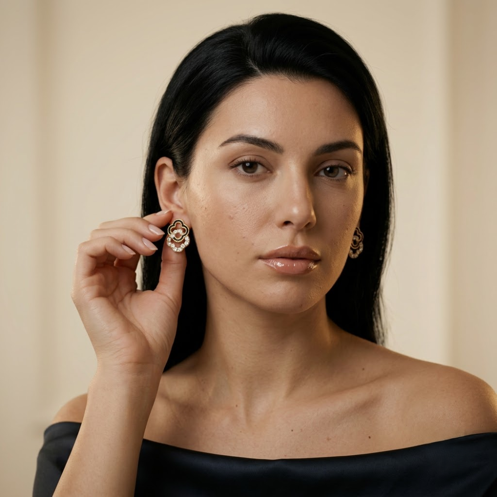 Kaeloria 18K Gold-Plated Black Enamel Crystal Floral Drop Earrings - Image 4