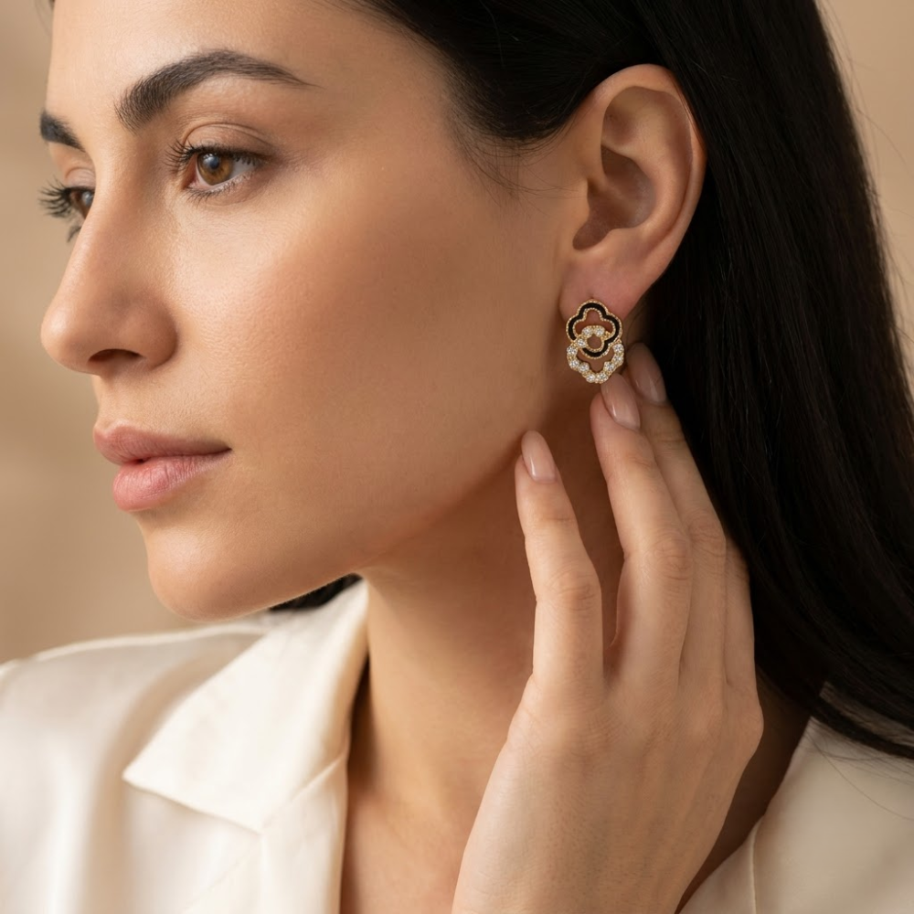 Kaeloria 18K Gold-Plated Black Enamel Crystal Floral Drop Earrings - Image 3