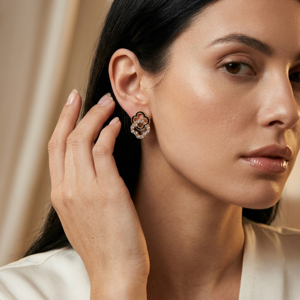 Kaeloria 18K Gold-Plated Black Enamel Crystal Floral Drop Earrings - Image 6
