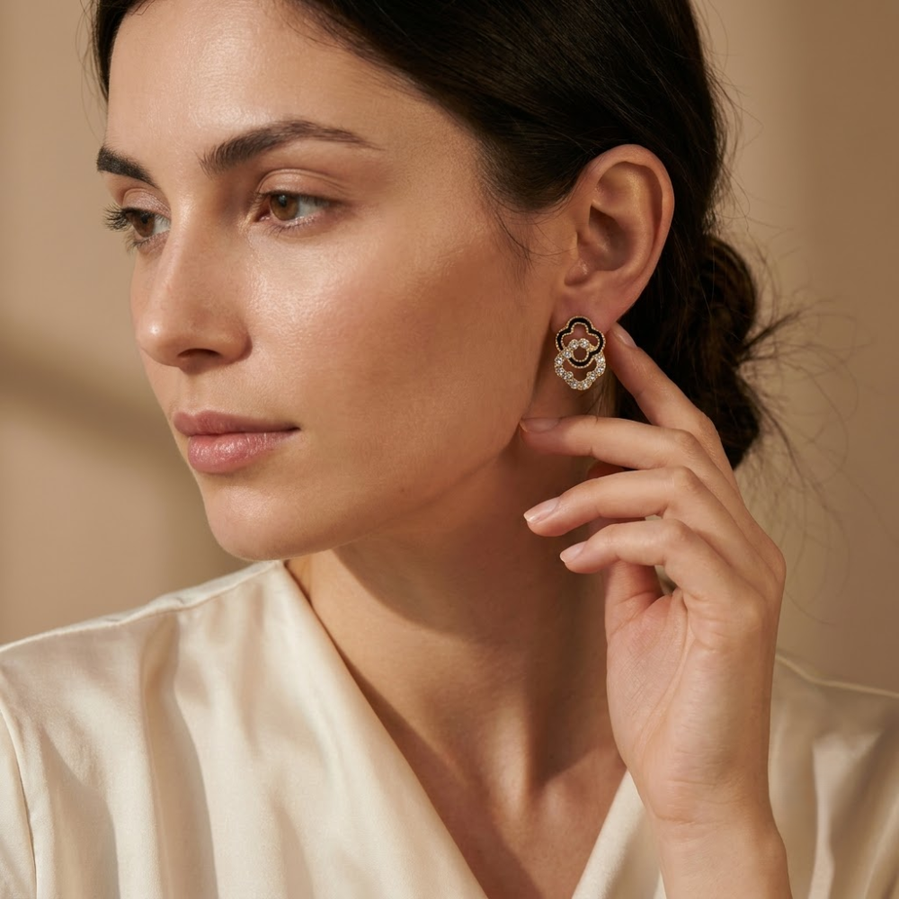 Kaeloria 18K Gold-Plated Black Enamel Crystal Floral Drop Earrings - Image 5