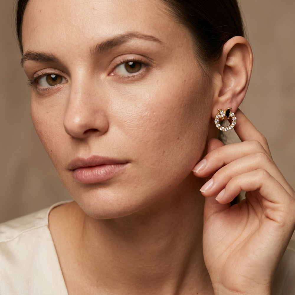 Kaeloria 18K Gold-Plated Black Enamel Crystal Hoop Earrings - Image 4