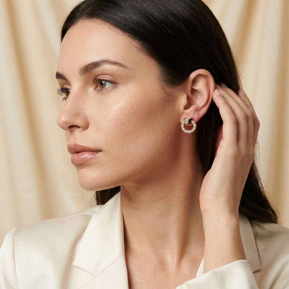 Kaeloria 18K Gold-Plated Black Enamel Crystal Hoop Earrings - Image 3