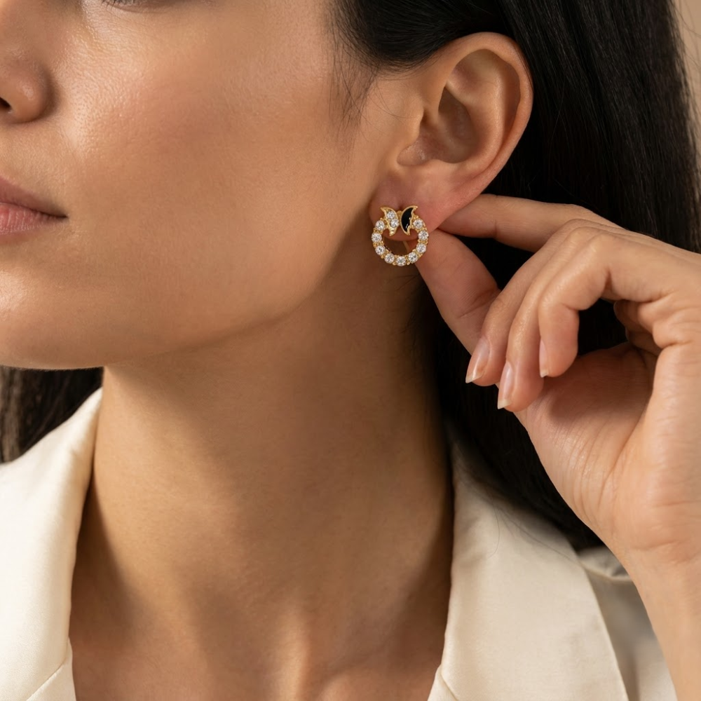 Kaeloria 18K Gold-Plated Black Enamel Crystal Hoop Earrings - Image 5
