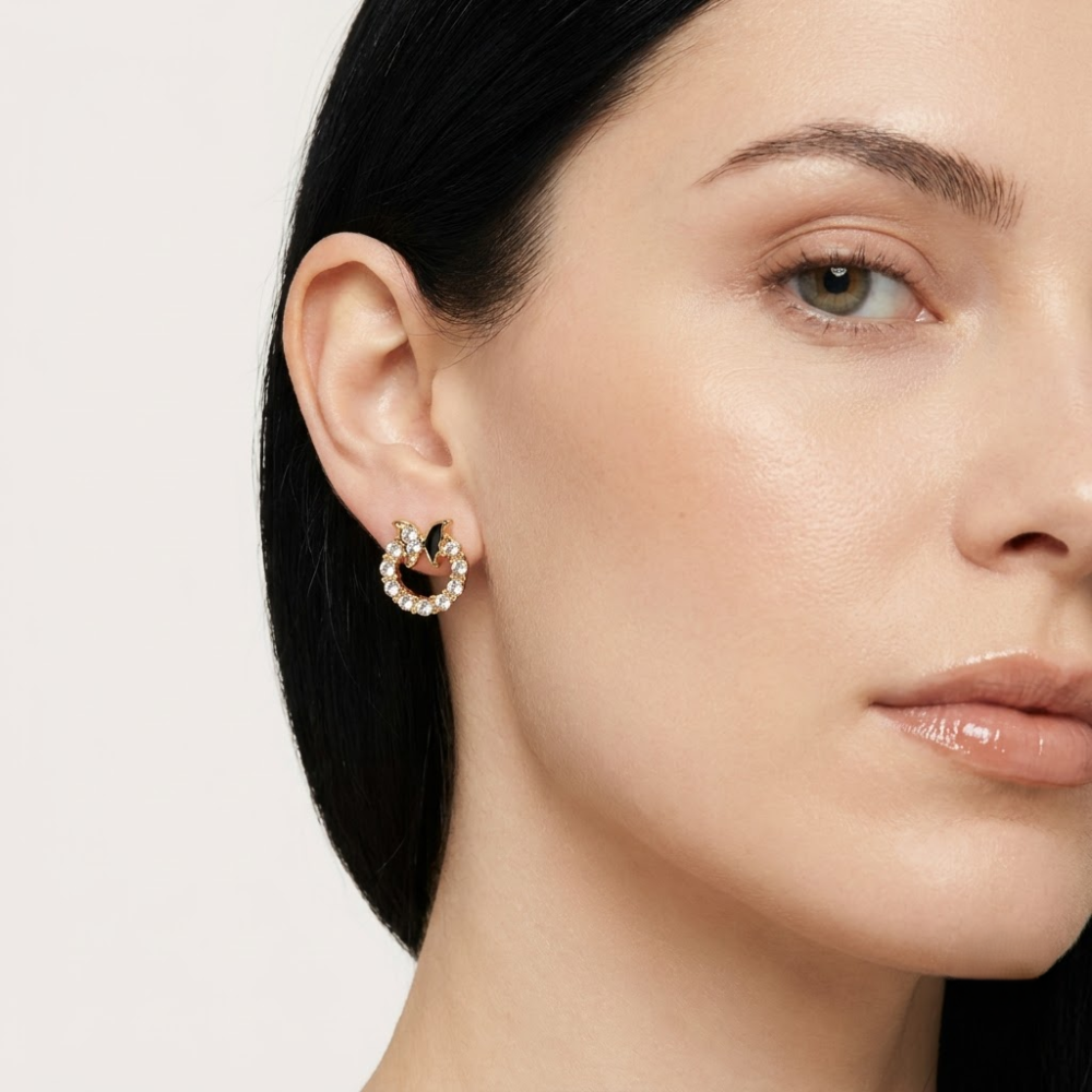 Kaeloria 18K Gold-Plated Black Enamel Crystal Hoop Earrings - Image 6