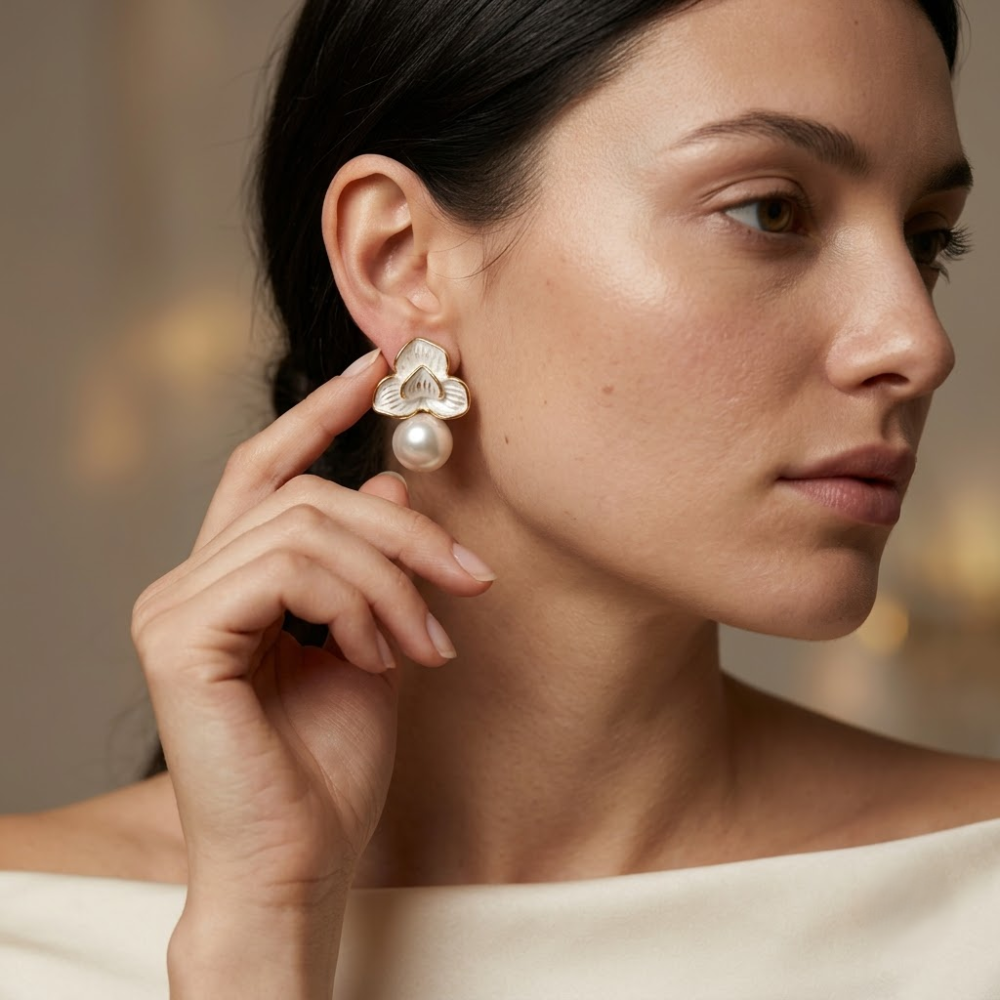 Kaeloria 18K Gold-Plated Floral Pearl Drop Earrings - Image 2