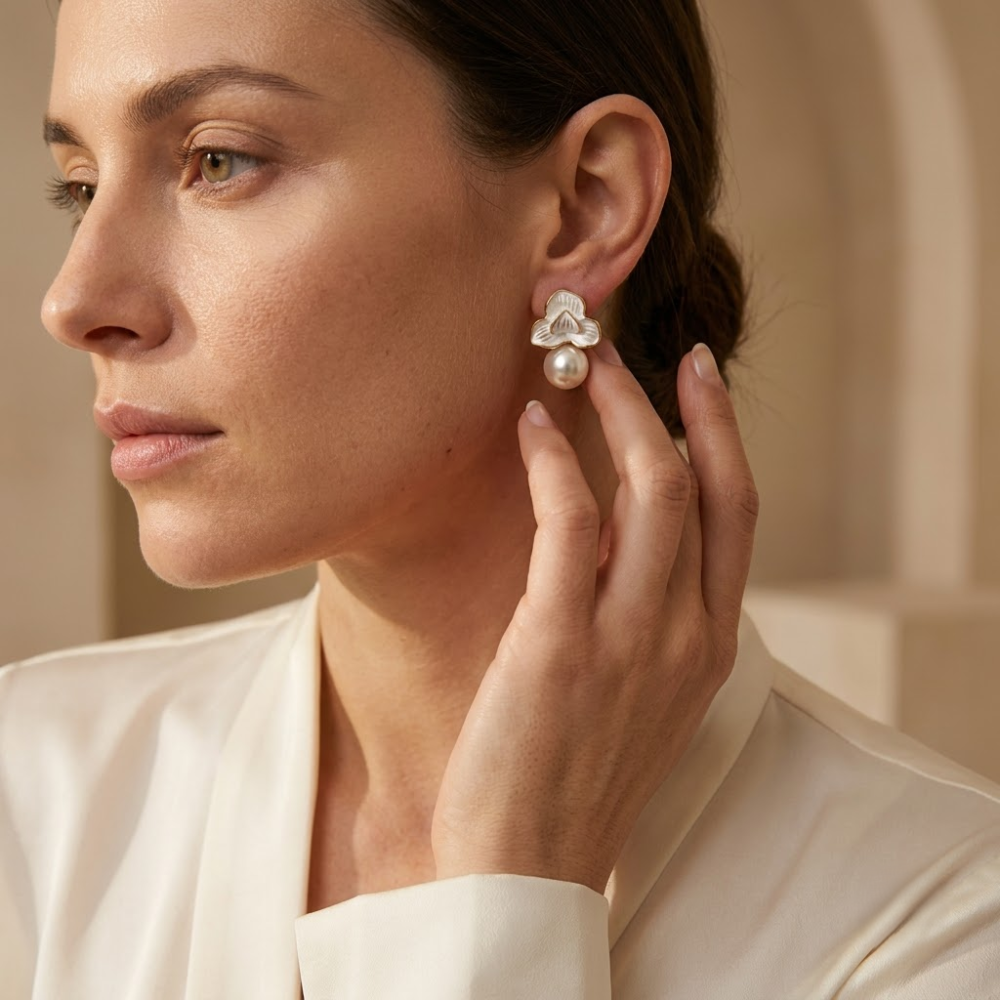 Kaeloria 18K Gold-Plated Floral Pearl Drop Earrings - Image 3
